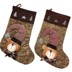 2 Vintage Large Christmas Stocking 3D Teddy Bear Plush Rustic Country Brown Bow